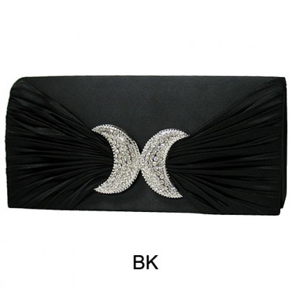 Evening Bag - 12 PCS - Satin Pleated W/ Rhinestone Accent Charm - Black - BG-EBS1156BK